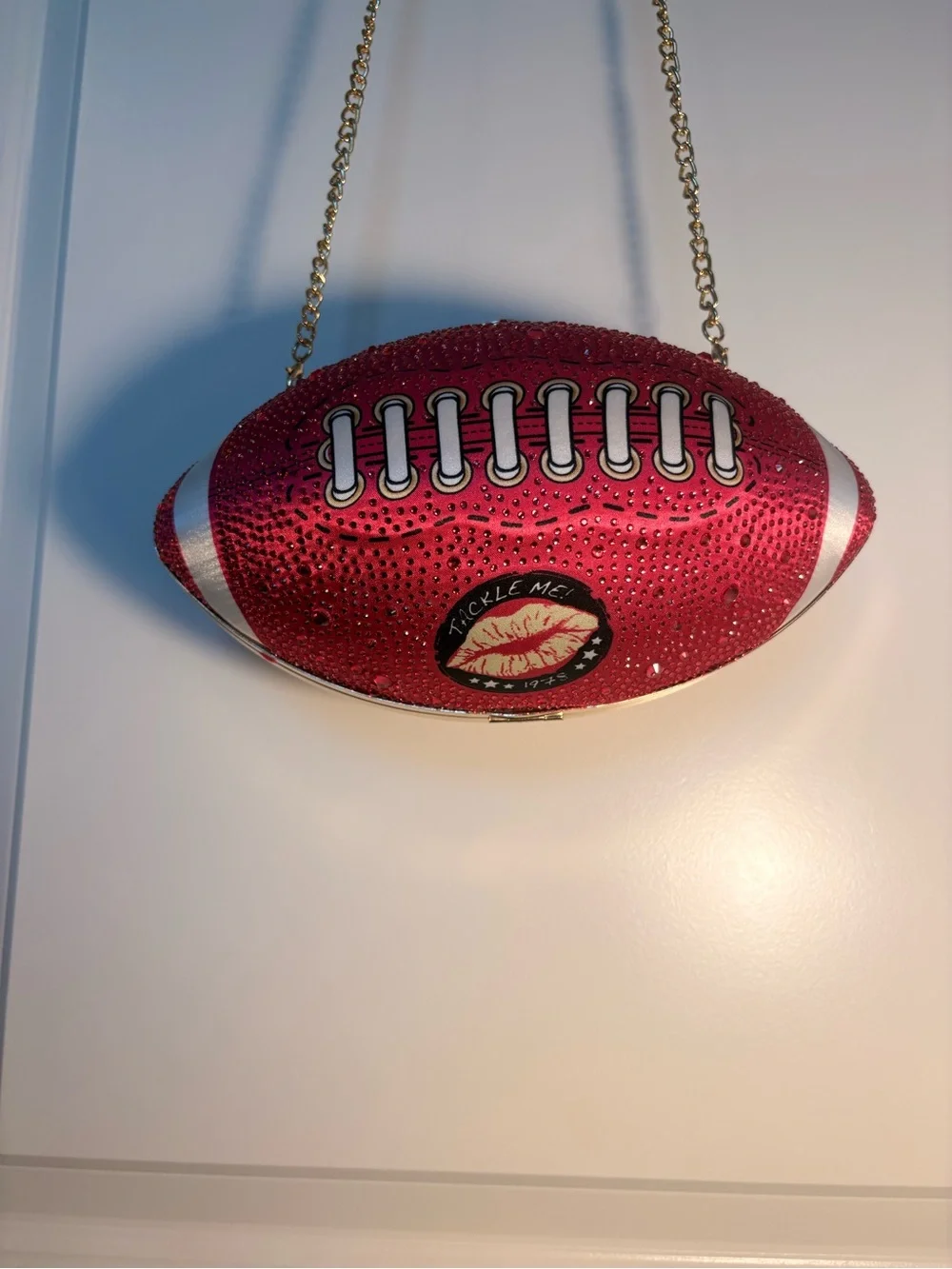 Betsy Johnson embellished Tackle Me pink Crystal Football Clutch w/gold Chain